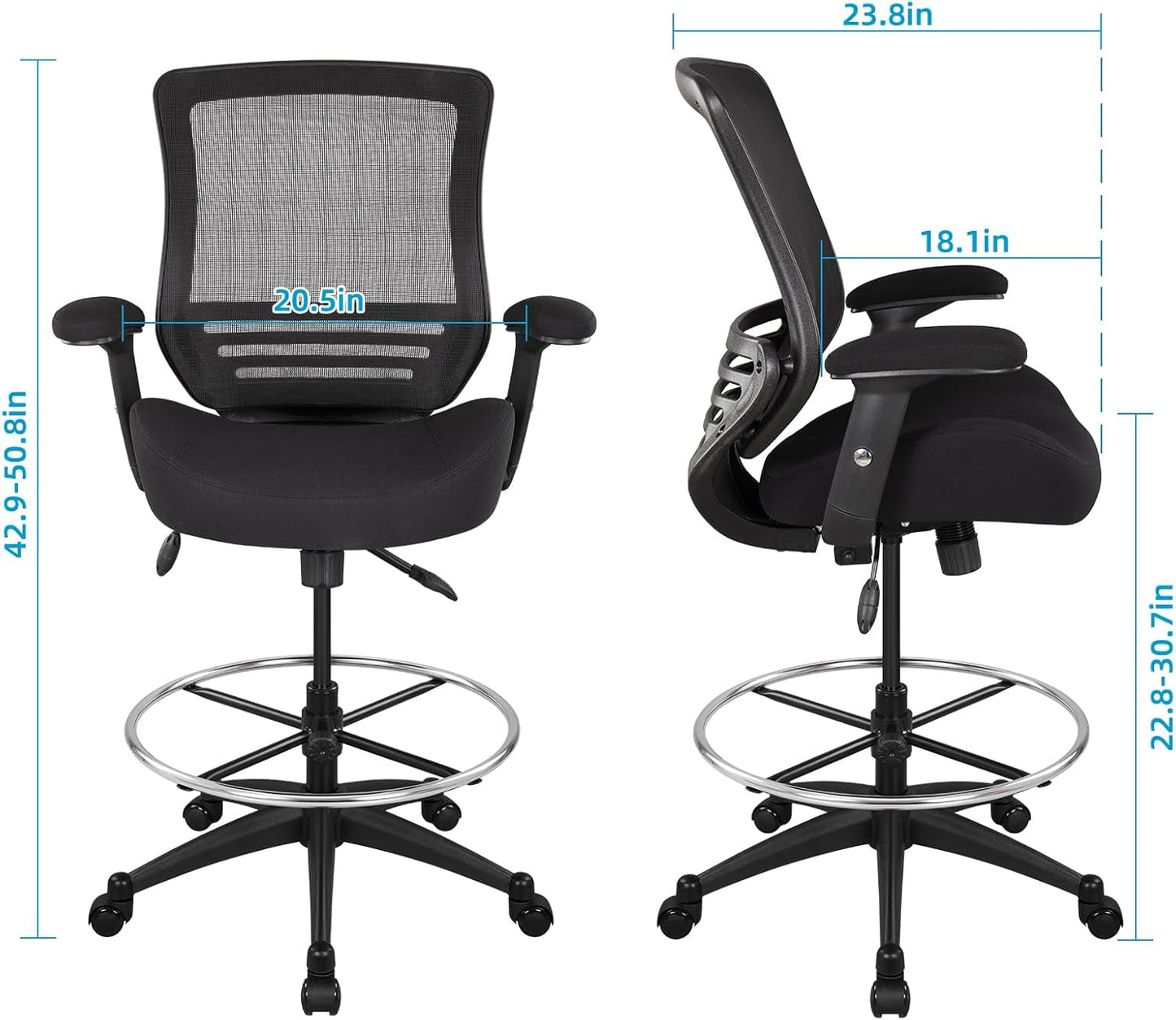 400Lbs Mesh Ergonomic Office Drafting Chair Big Adjustable Foot Ring Height Adjustable Armrest(Black)-2
