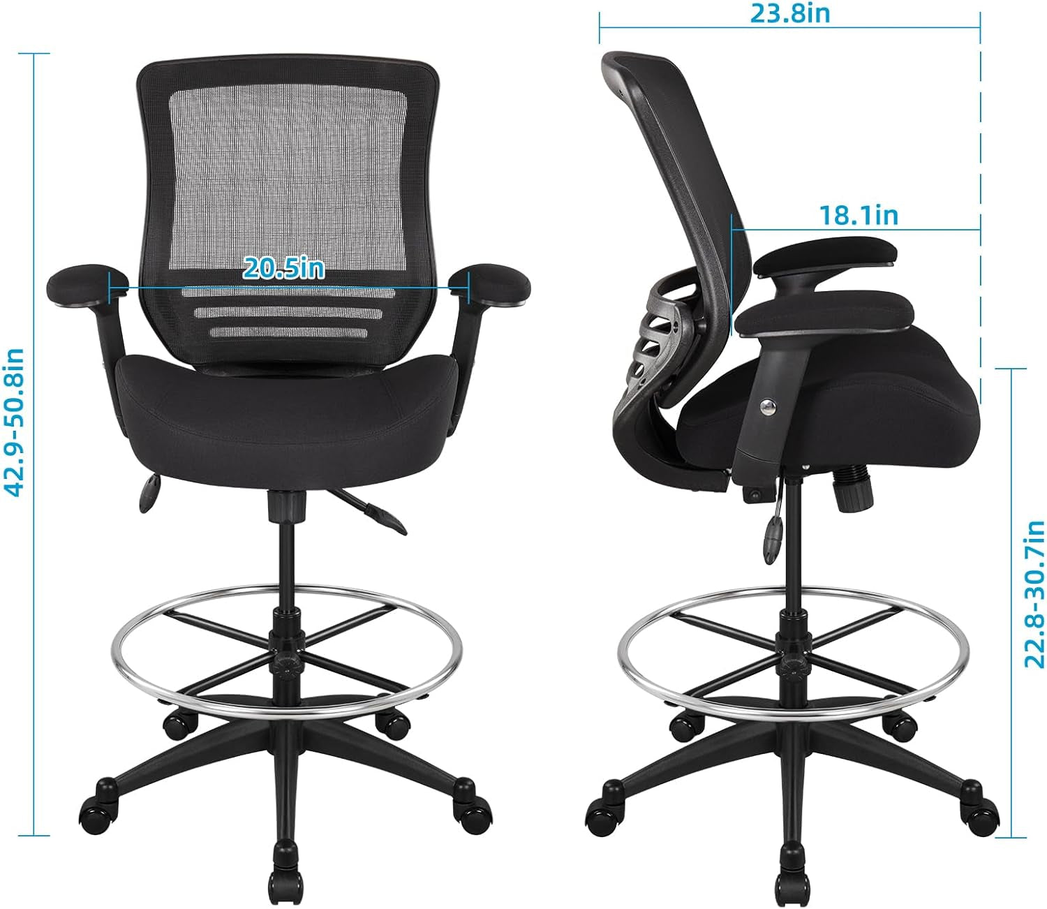 400Lbs Mesh Ergonomic Office Drafting Chair Big Adjustable Foot Ring Height Adjustable Armrest(Black)-2