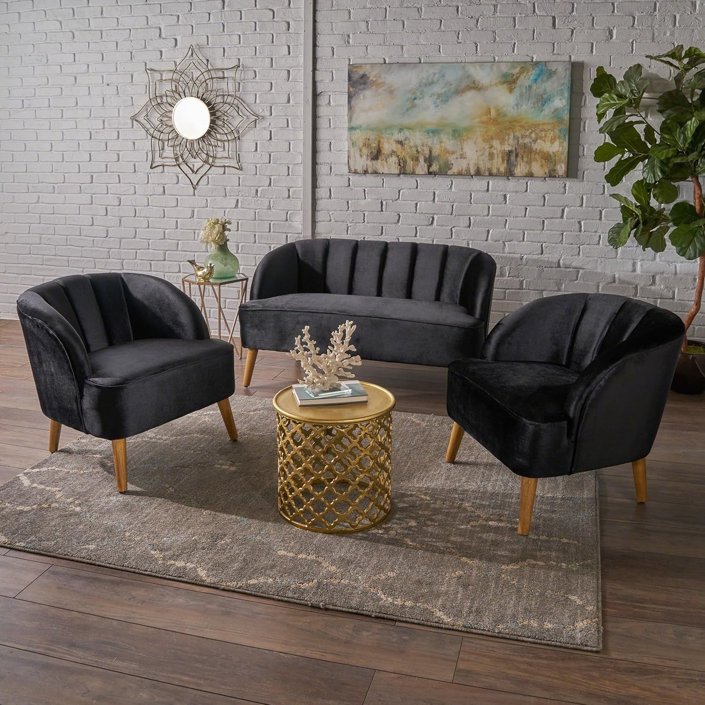 Amaia Modern Velvet Chat Set, 3-Pcs Set, Black / Walnut-2