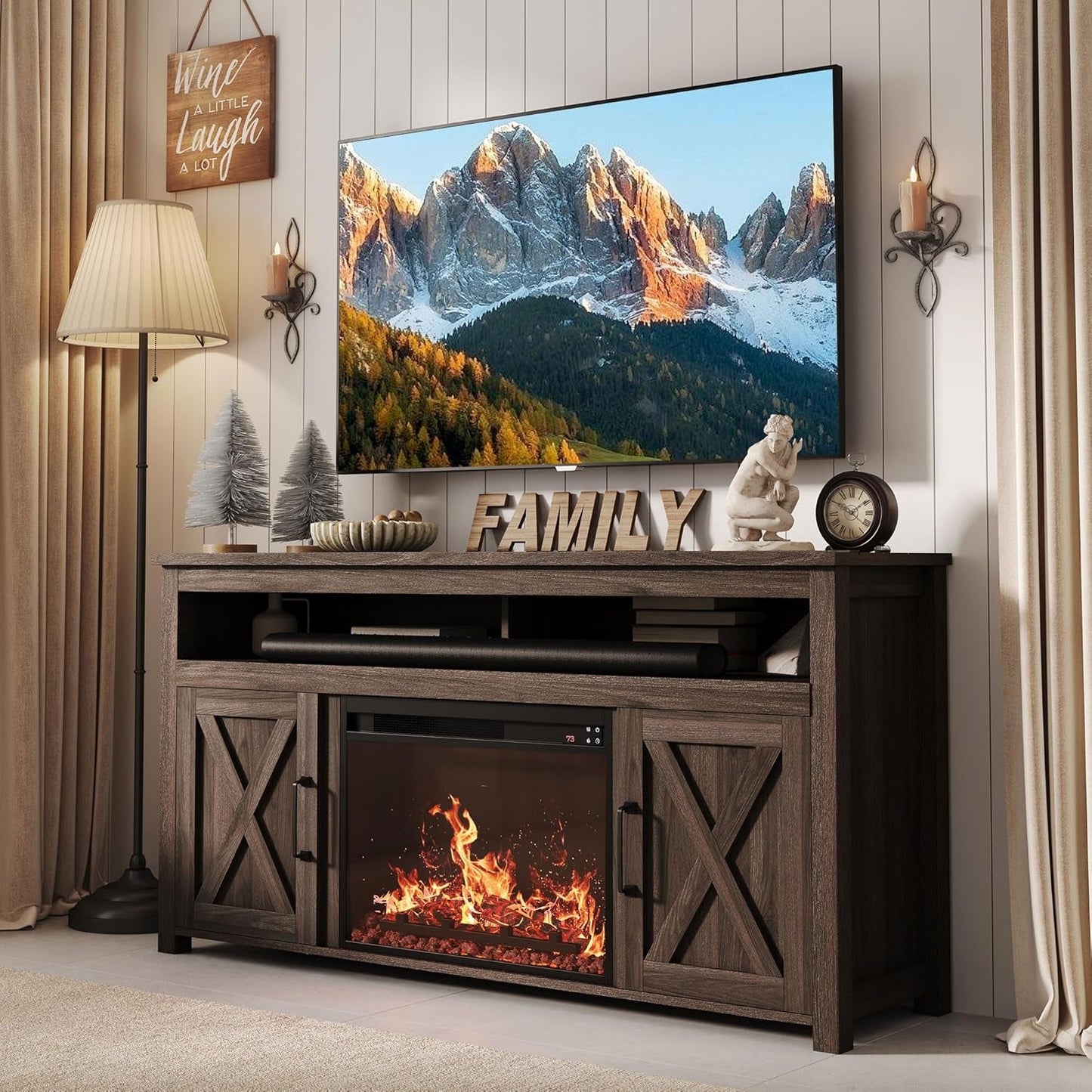 65" Barn Door Fireplace TV Stand Dark Walnut-0