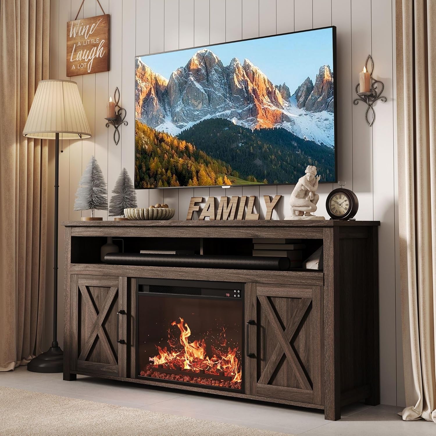 65" Barn Door Fireplace TV Stand Dark Walnut-0