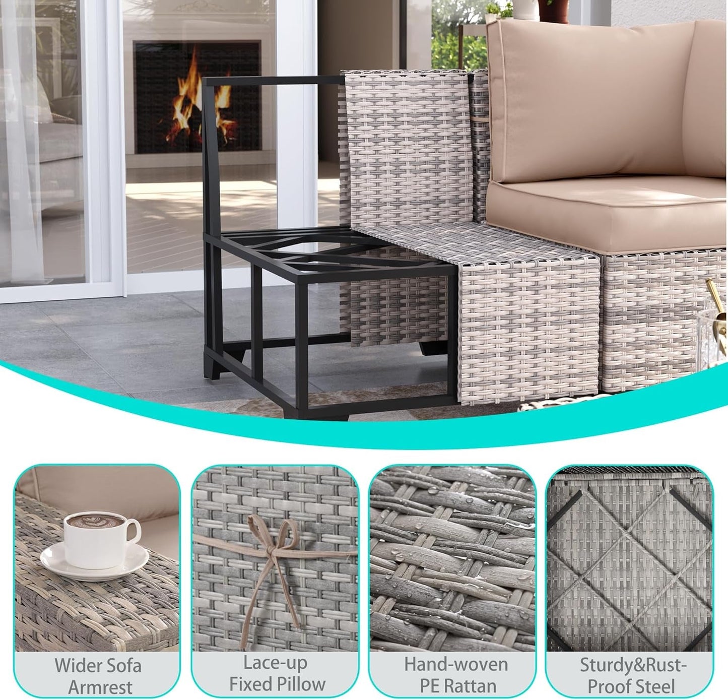 6-Piece Outdoor Patio Furniture Set Wicker Sectional Sofa Set, Patio Conversation Set with Thickened Cushions & Coffee Table for Garden, Backyard, Poolside, Beige-4