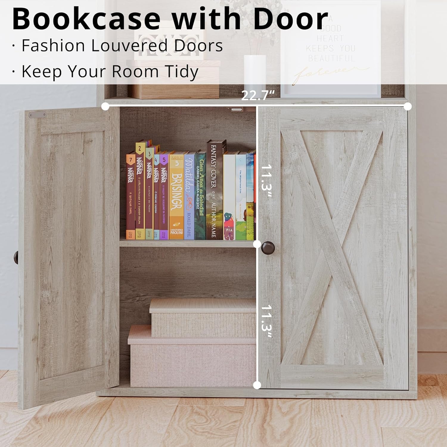 Industrial Bookshelves and Bookcases with Doors 11.8 in Depth Floor Standing 5 Shelf Display Storage Shelves Bookcase Home Decor Furniture for Home, Office, Living Room, Bedroom-4