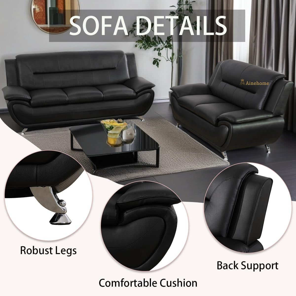 Sectional Sofa Sets, Living Room Furniture Sets Modern Faux Leather Sofa Couch 5-Seat Sofa for Living Room(A-Black, Sofa+Loveseat)-2