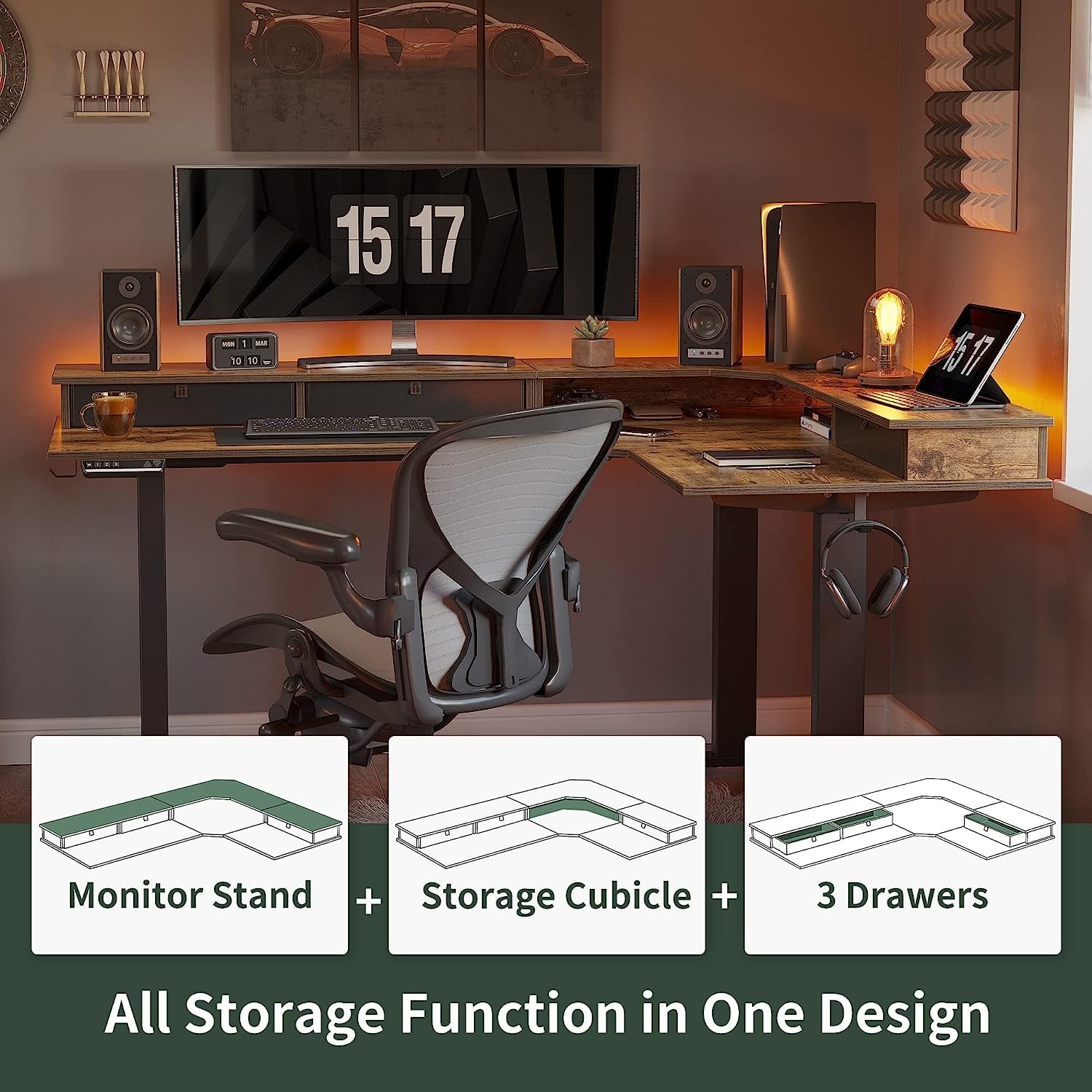 Triple Motor Standing Desk, L-Shaped, Rustic Brown-1