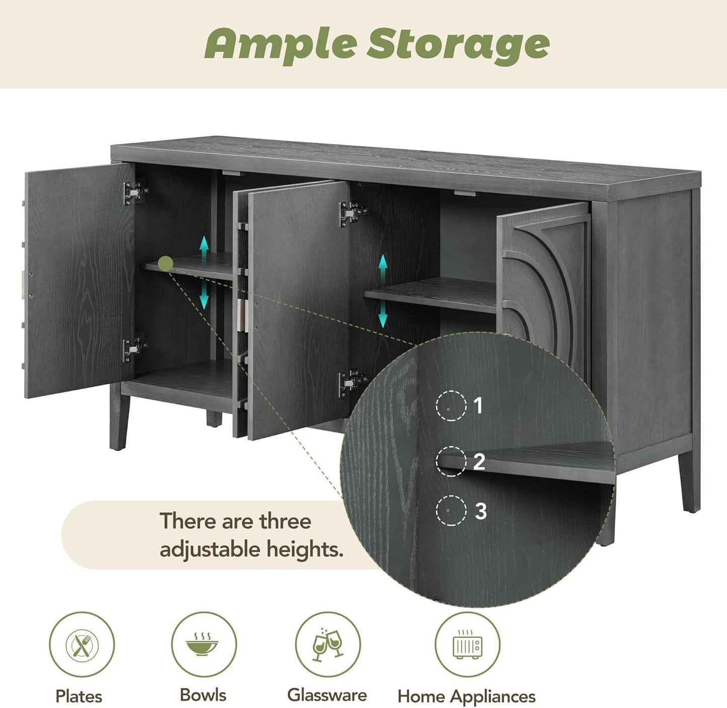 Gray Wood Farmhouse Buffet Sideboard with with Circular Groove Designcoffee Bar Storge Cabinet Console Table for Living Room Kitchen, 1 Set-4