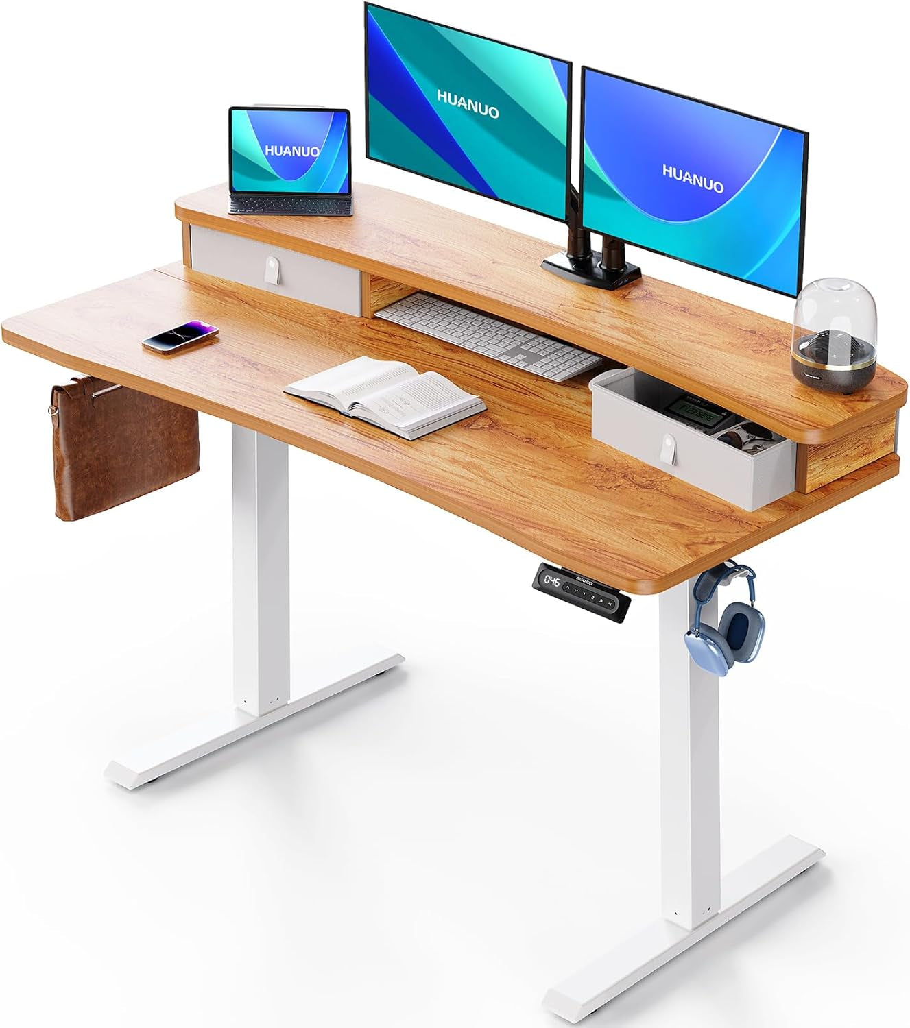 48″ X 24″ Electric Standing Desk with 2 Drawers, C-Clamp Mount Compatible, Height Adjustable Computer Desk, Home Office Stand up Desk with 4 Preset Heights & 2 Hooks, Light Vintage-0