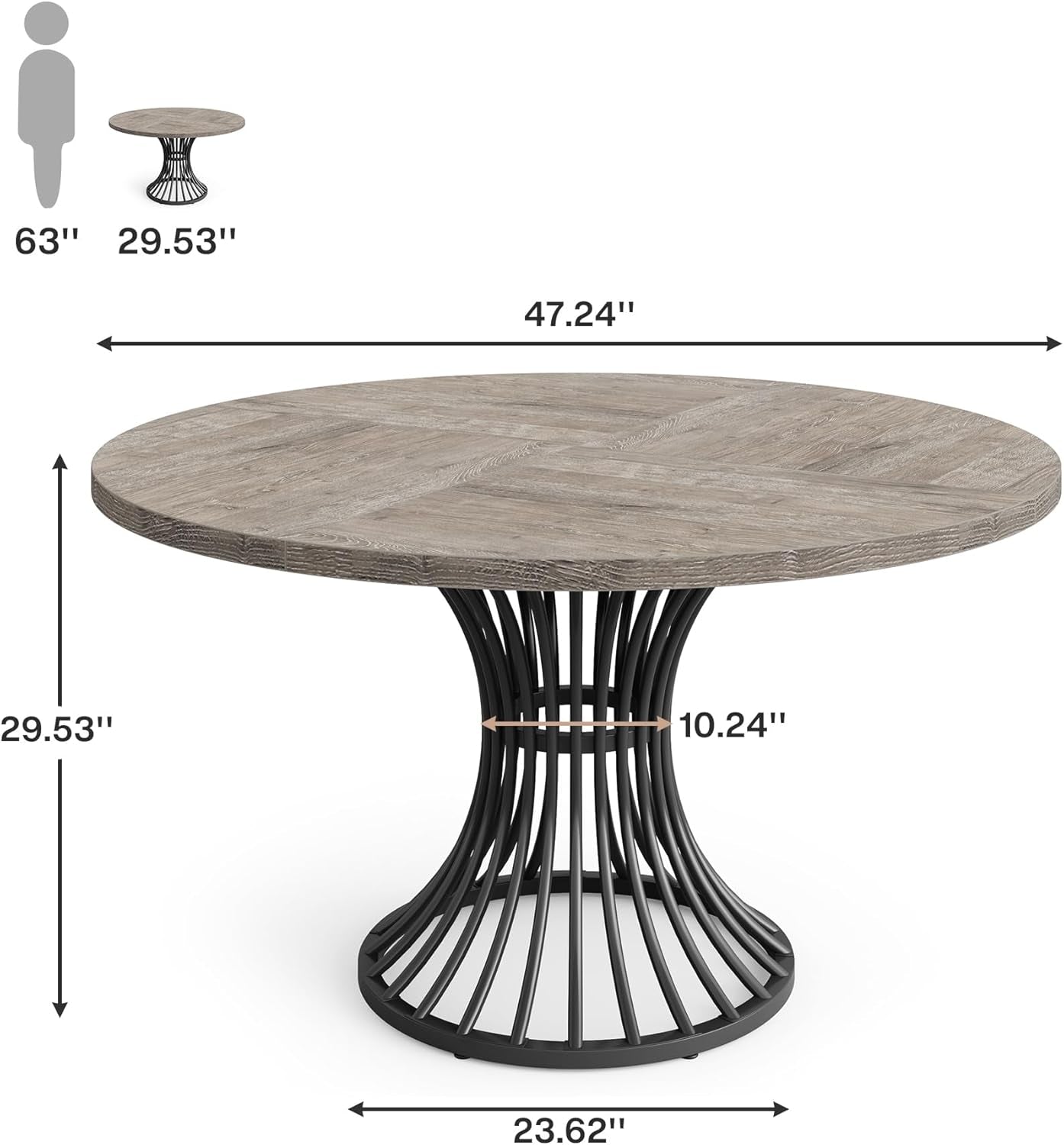 round Dining Table for 4-6 People, 47-Inch Farmhouse Dinning Room Table Circle Kitchen Table, Industrial Dinner Table with Metal Base for Kitchen, Living Room, Grey-1