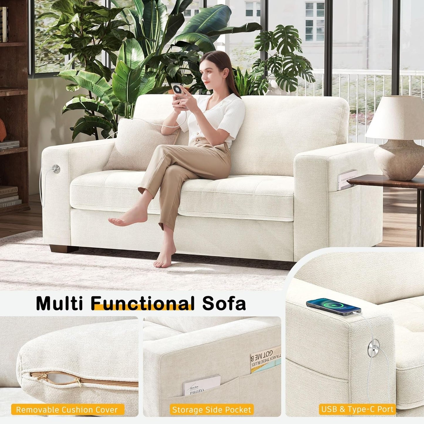 70" Beige Loveseat with USB & Type-C-2