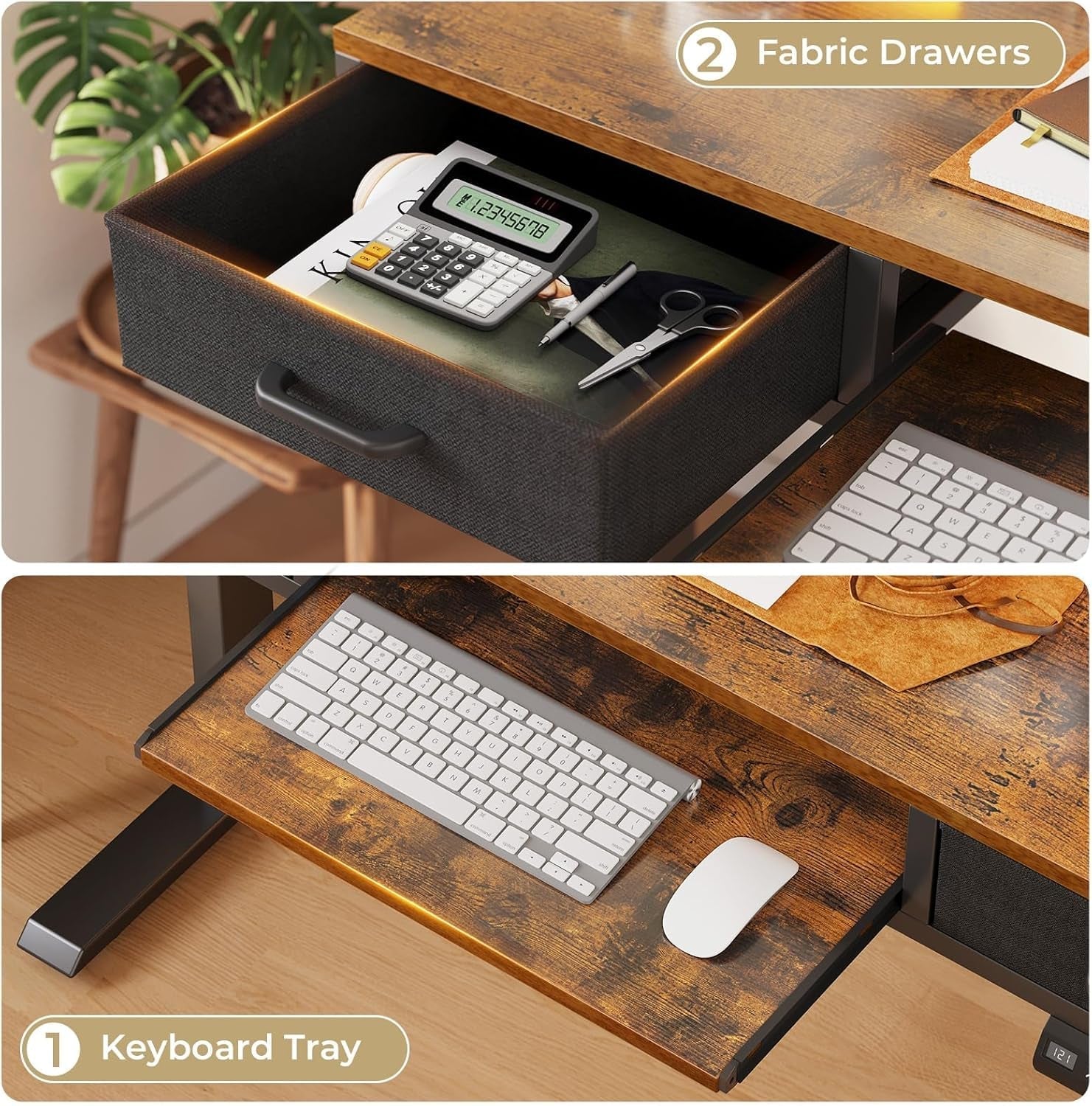 Electric Standing Desk with Drawers & Keyboard Tray, 55 Inch Height Adjustable Desk with Power Outlets, Sit Stand Table, Writing Computer Desk for Home, Office, Workstation, Rustic Brown-4