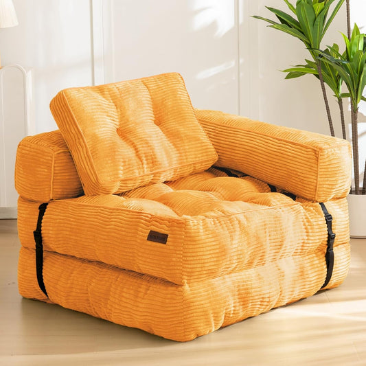 Folding Sofa Bed, L-Shaped Convertible Sofa Bed with Armrest Foldable Sleeper Sofa with Pillow, Portable Fold Out Chair Bed Comfy Floor Sofa Lounge for Living Room Bedroom, Orange-0