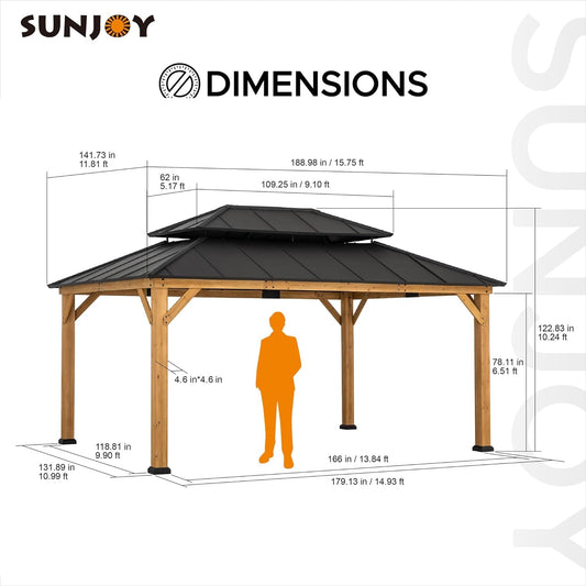 12x16 Wood Hardtop Gazebo Black Metal Roof-0