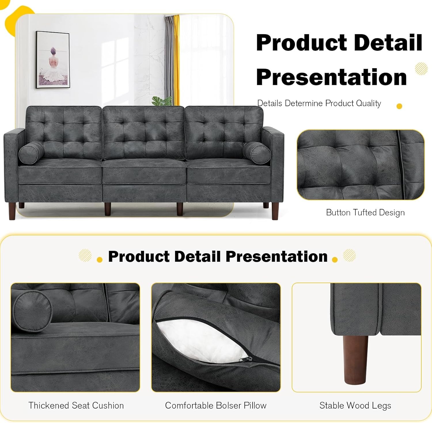 2 Pieces Faux Leather Sofa Set with Bolster Pillows,Tufted 3-Seat Sofa and Loveseat Couch with Wooden Legs, Upholstered Living Room Set for Living Room, Office, Grey-2