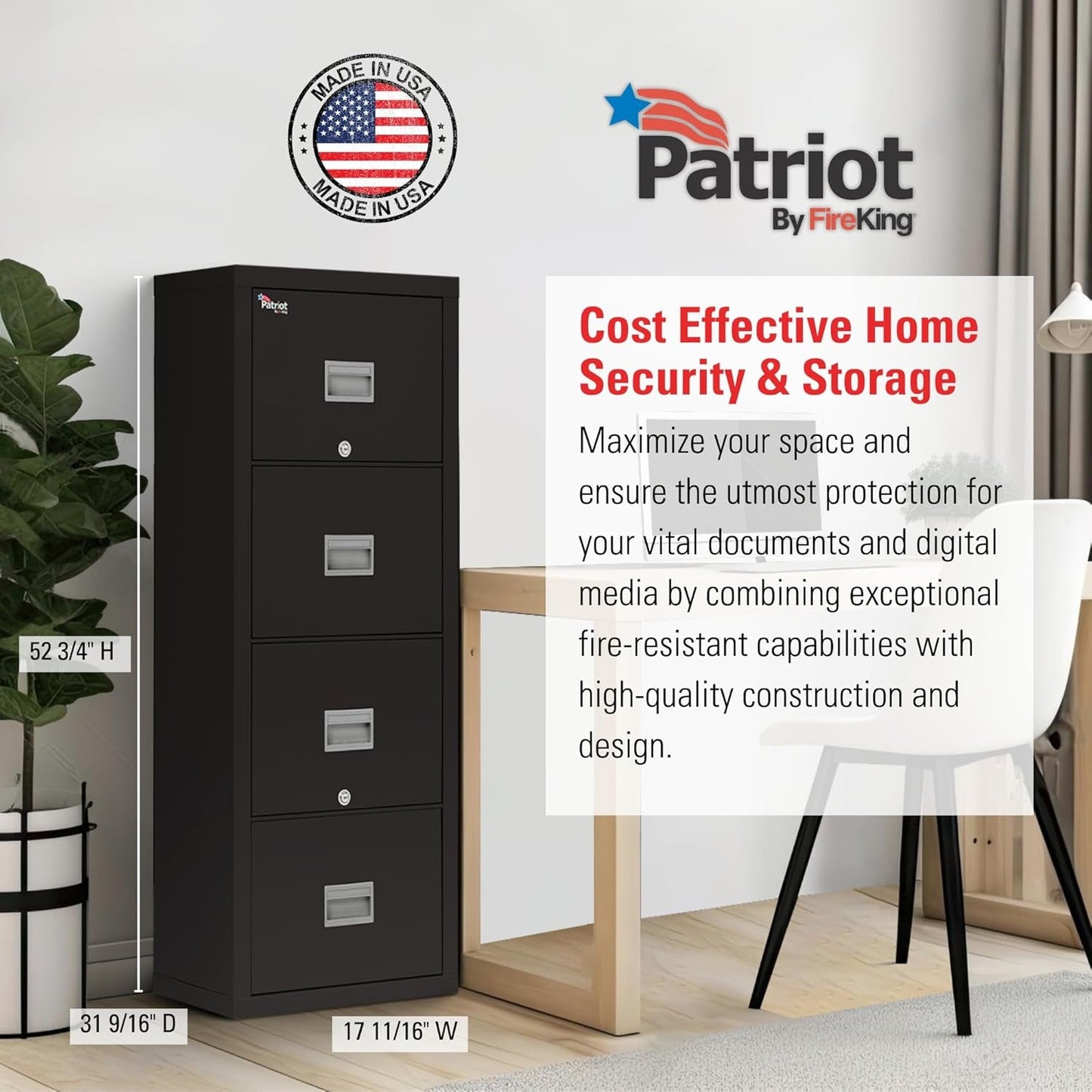 Patriot Vertical 4 Drawer Legal & Letter Fire Safe File Cabinet, Key Lock, 1 Hour Fire Rated UL Rated & Water Resistant, USA Made, Black-3
