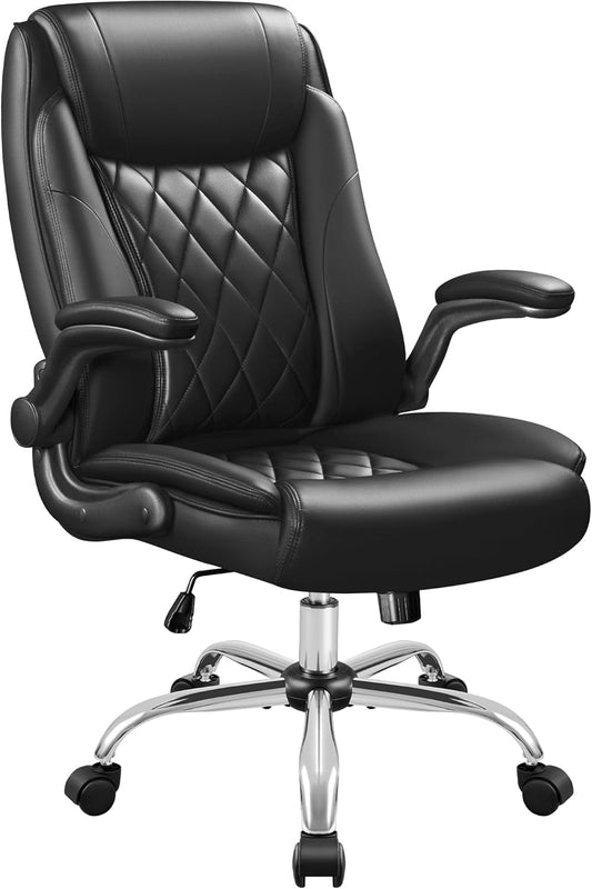 Executive Office Chair, Ergonomic High Back with Adjustable Flip-Up Armrest, Swivel Leather-Papped Seats with Lumbar Support, Black-0
