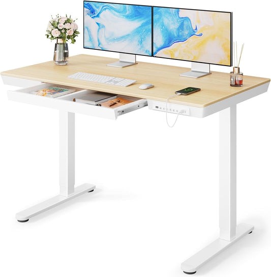 Electric Solid Standing Desk, 48 X 24 Inch Standing Desk with Drawer, Height Adjustable Desk with Tabletop & USB Charging Ports, Sit Stand Desk with Storage for Home & Office Natural-0