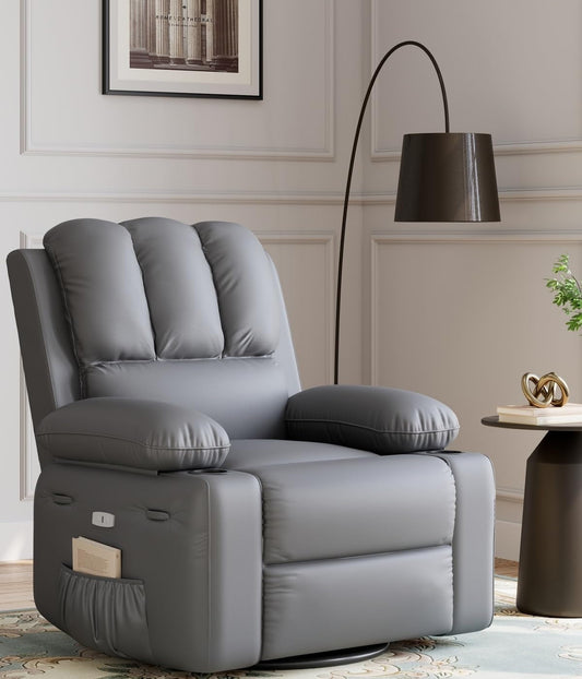 Oversized Power Recliner Chair with Heat and Massage - 360° Swivel Lazy Recliner Chair for Adults, Faux Leather Rocking Chair with Cup Holder for Living Rooms, Bedrooms, and Nurseries - Grey-0