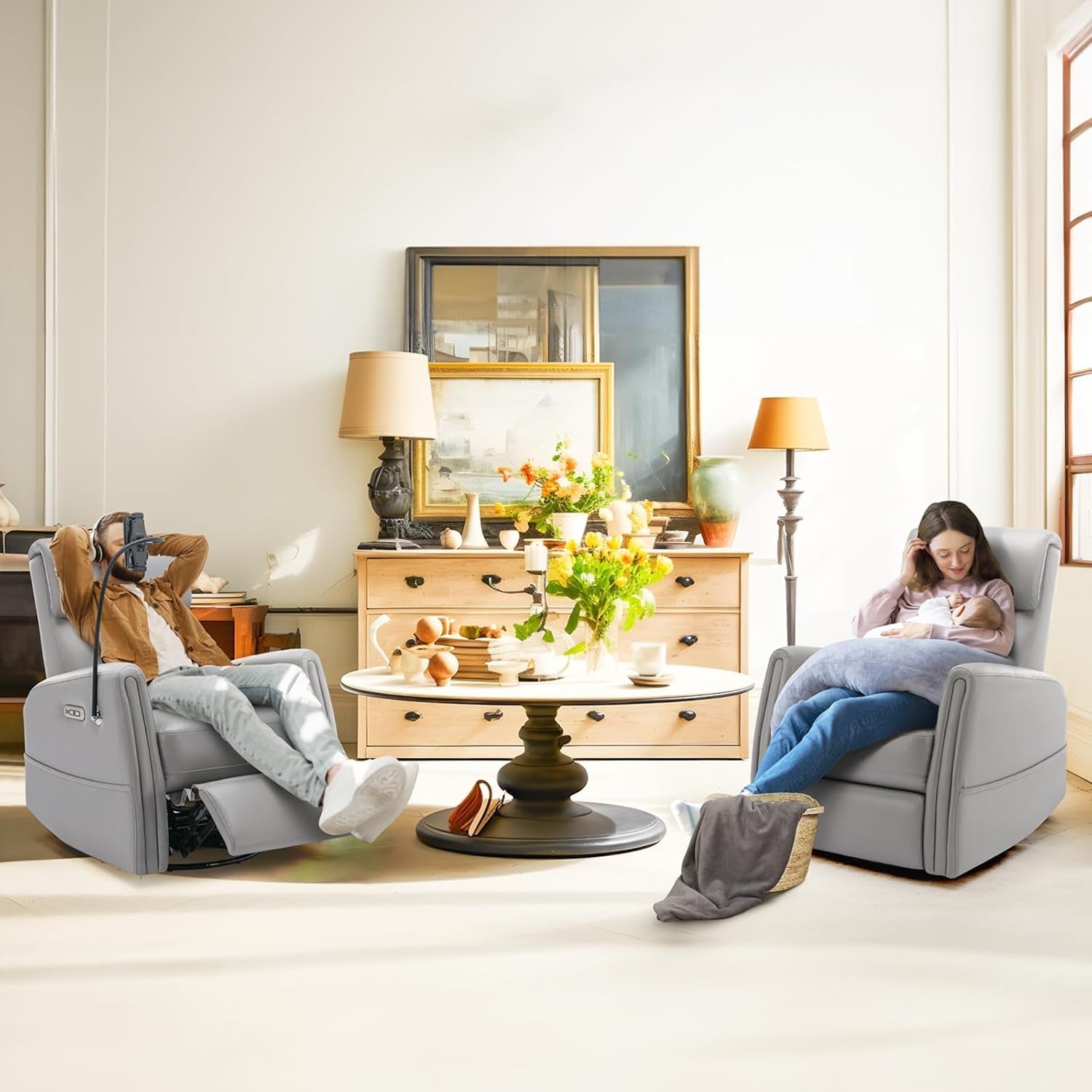 Power Recliner Chair Swivel Glider Rocker for Nursery, Upholstered Faux Leather Living Room Rocking Reclining Single Sofa Chair with 2 Device Holders, Grey-2