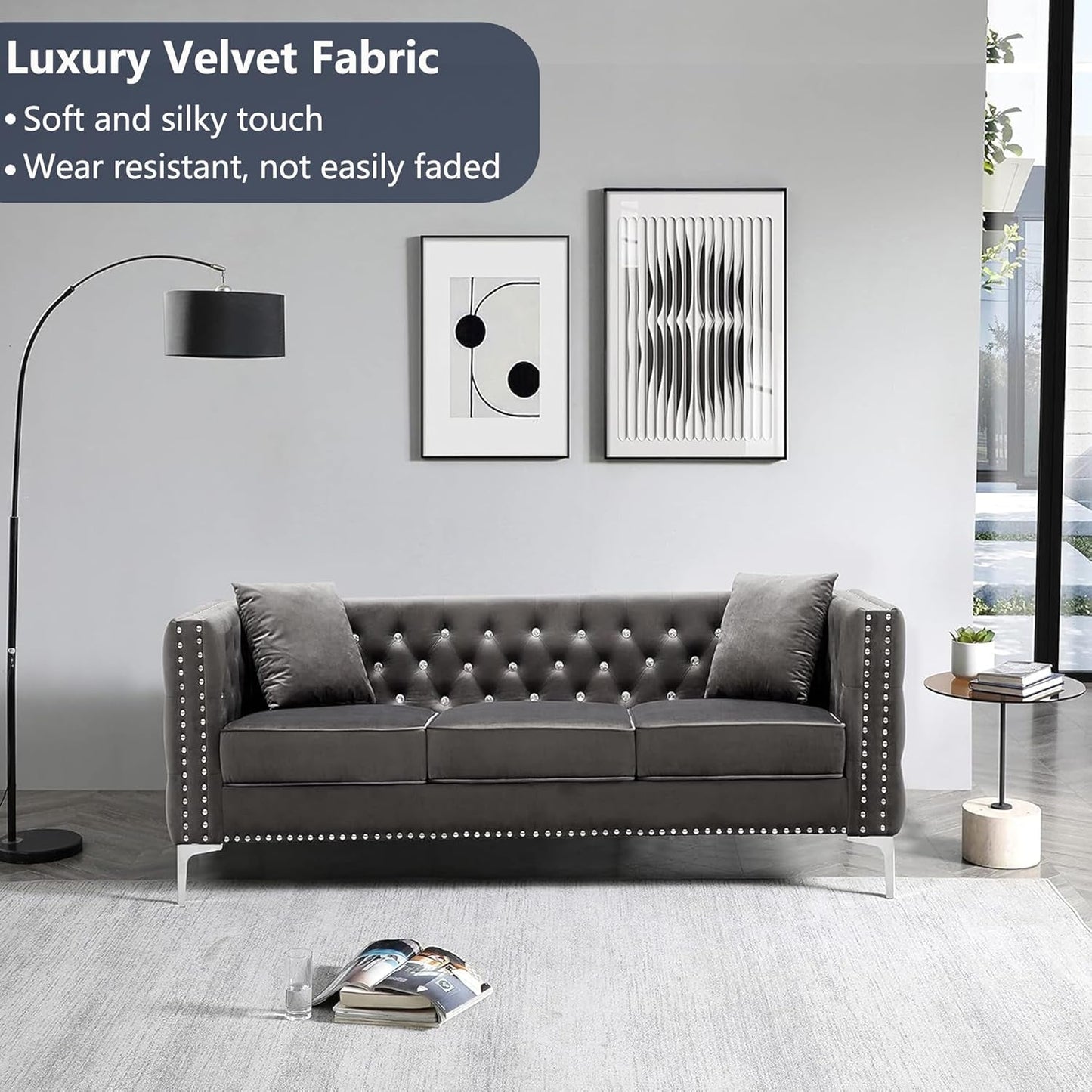 2 Piece Modern Velvet Upholstered Living Room Sofa Set with 3-Seater Sofa and Loveseat, Jeweled Button Tufted Copper Nails Square Arms, 4 Pillows Included, Grey,5 Seater (Grey + Velvet)-2