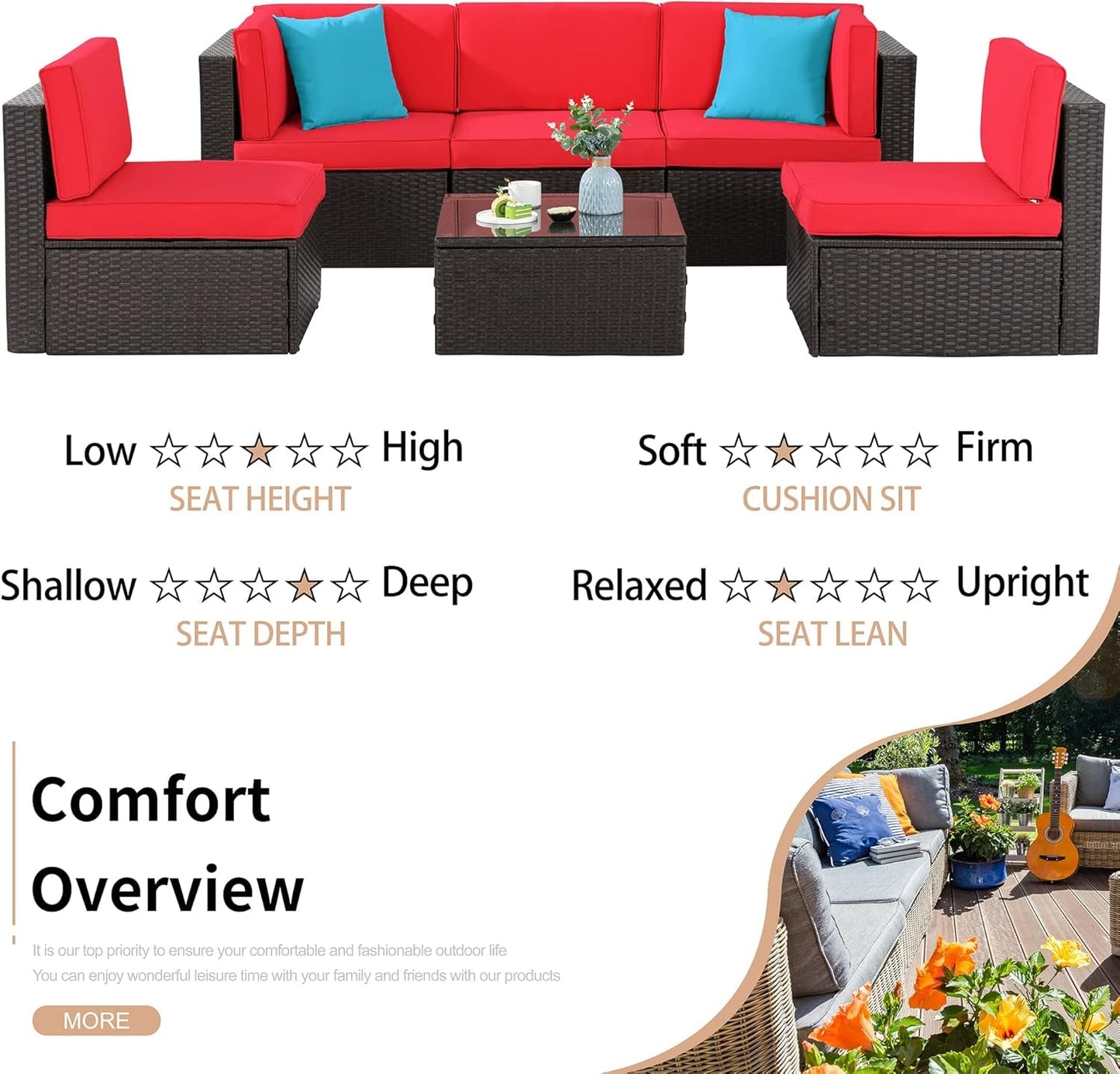 6 Pieces Patio Furniture Sets Outdoor All-Weather Sectional Patio Sofa Set PE Rattan Manual Weaving Wicker Patio Conversation Set with Glass Table&Ottoman Cushion and Red Pillows, Red-2