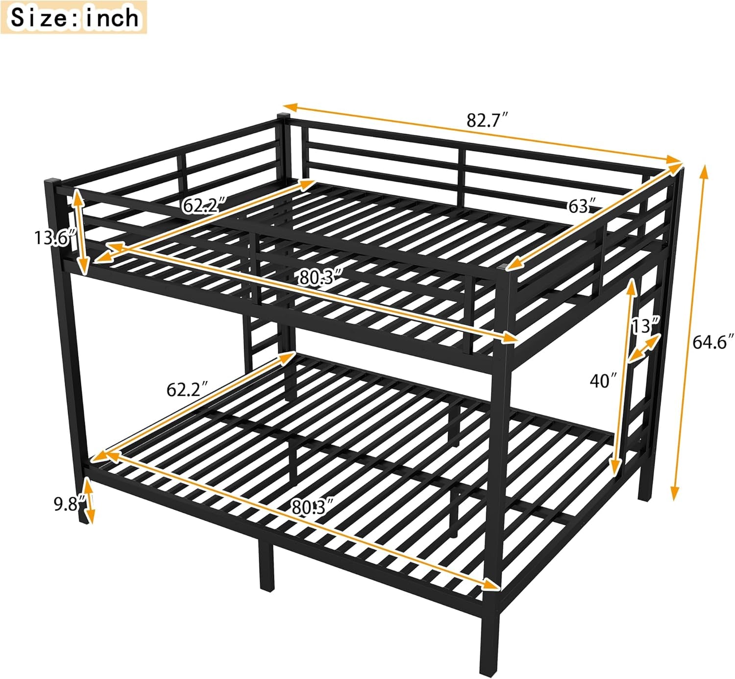 Bunk Bed Queen over Queen, Heavy Duty Metal Bunk Bed Frame, Queen Bunk Bed for Adults, Adult Bunk Beds Heavy Duty, Queen Bunk Bed, Black-1