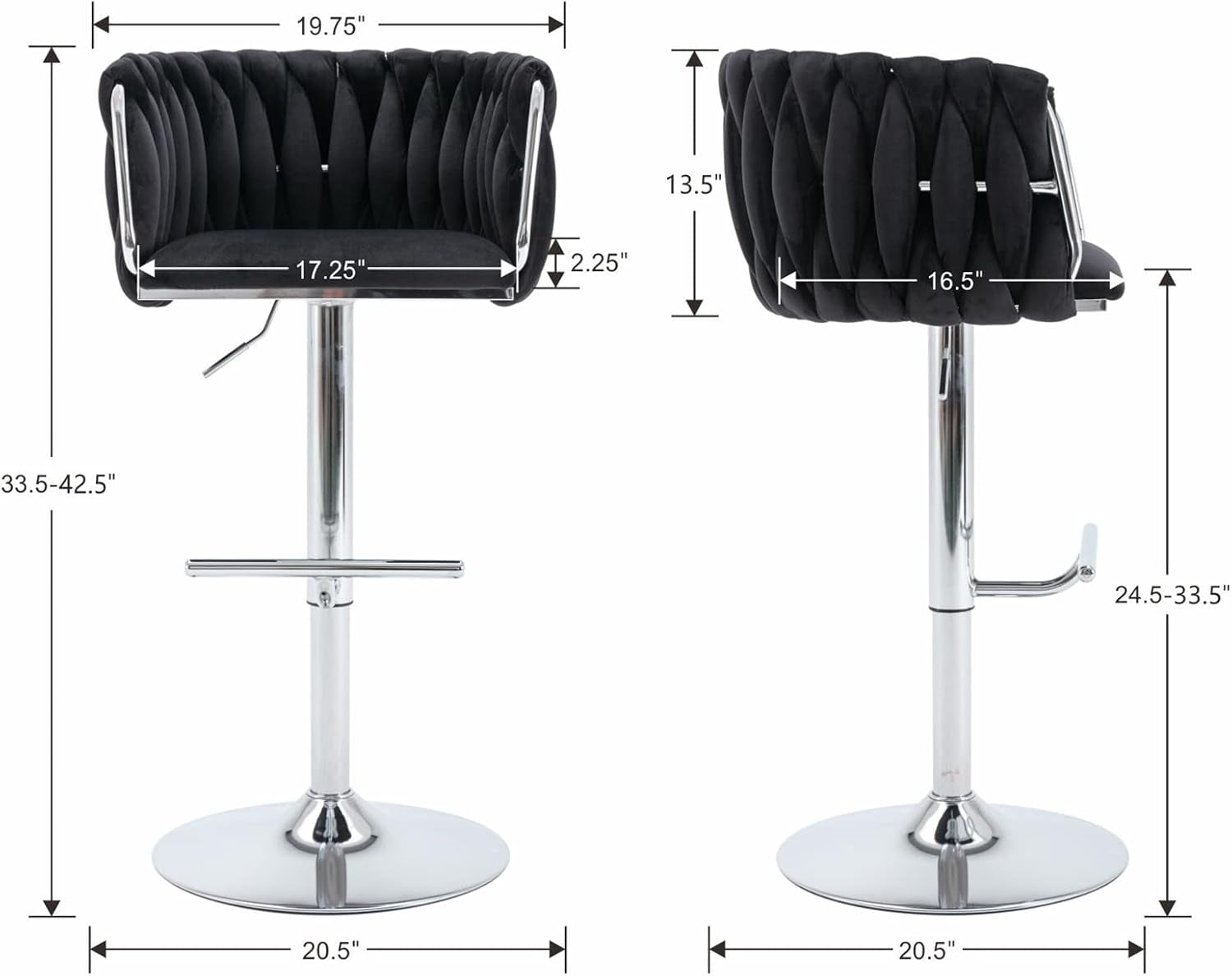 Modern Swivel Bar Stools Set of 2, Velvet Adjustable Height Barstool with Barrel Back Kitchen Island Counter Bar Chair with Chrome Base, Black-1