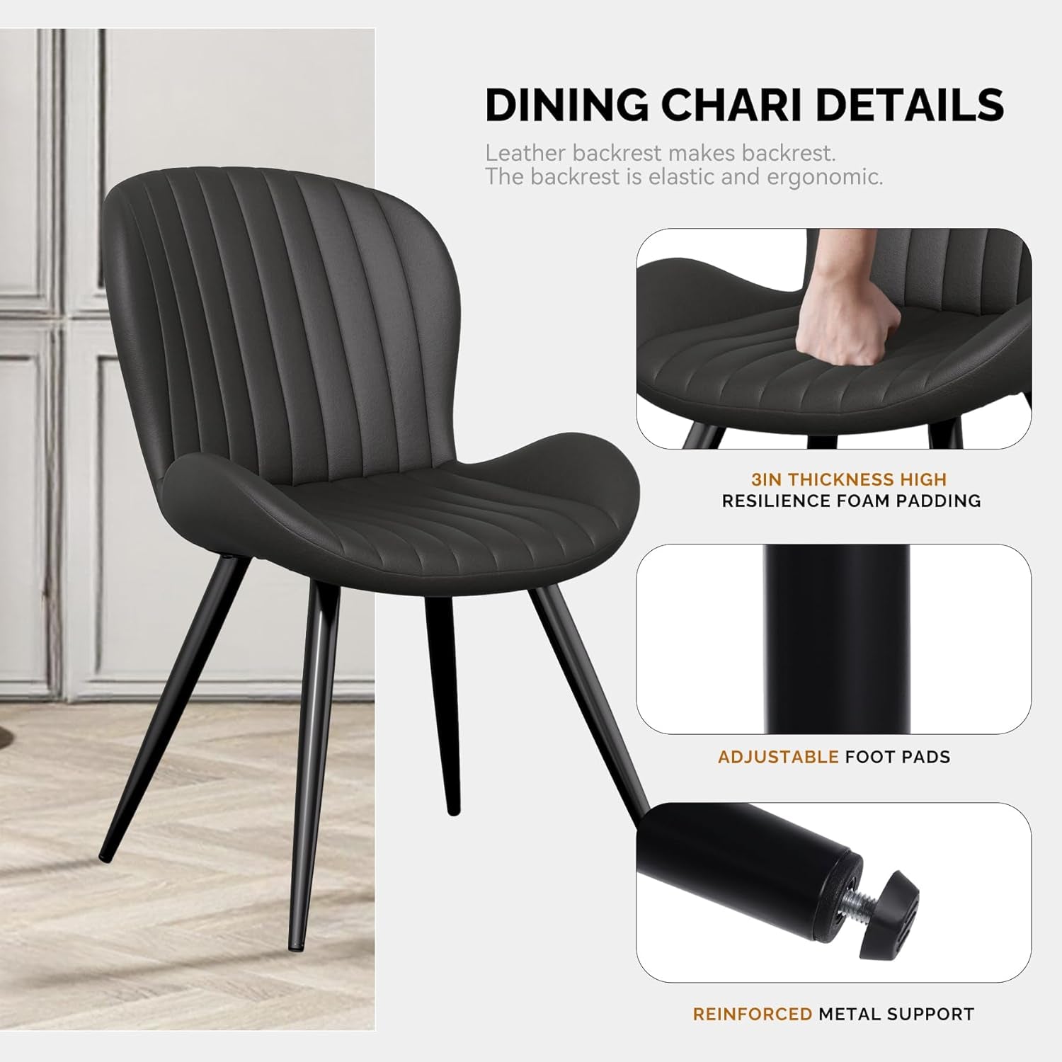 Dining Chairs Set of 6, Modern Dining Room Chairs Comfy Backrest Thick Upholstered Kitchen Chairs 19IN Height with Metal Legs Black-3