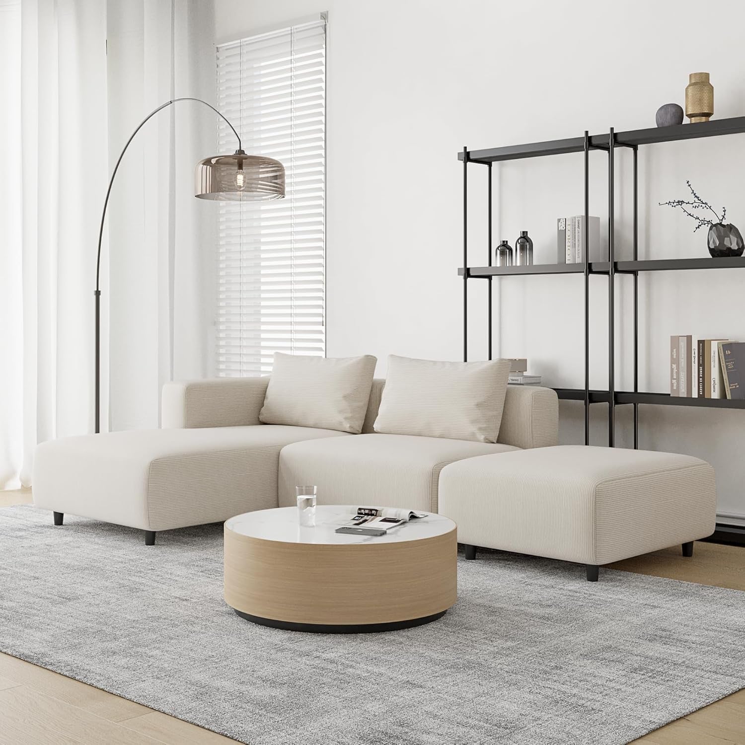 Soft Corduroy Sectional Modular Sofa Set, Modern L-Shaped Chaise Couch for Living Room, Apartment, Office, Small Spaces, Cream-4