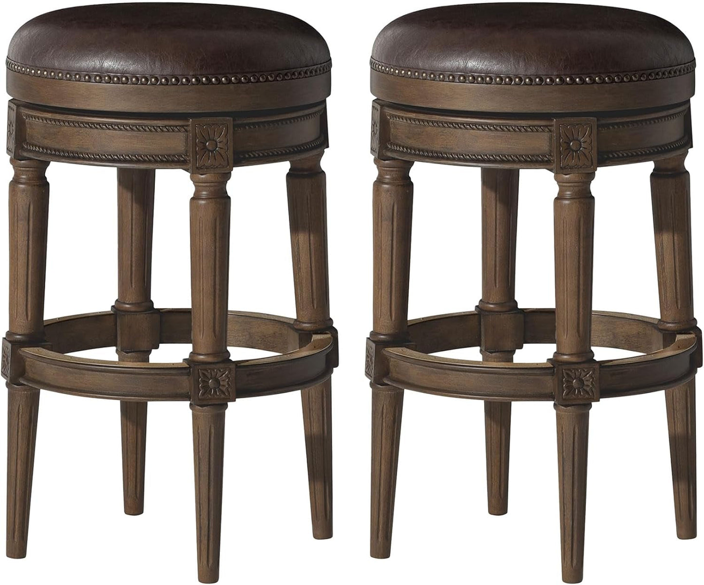 Pullman 31 Inch Tall Bar Height Upholstered Backless Barstool in Walnut Finish with Marksman Saddle Vegan Leather Cushion Seat, Set of 2-0