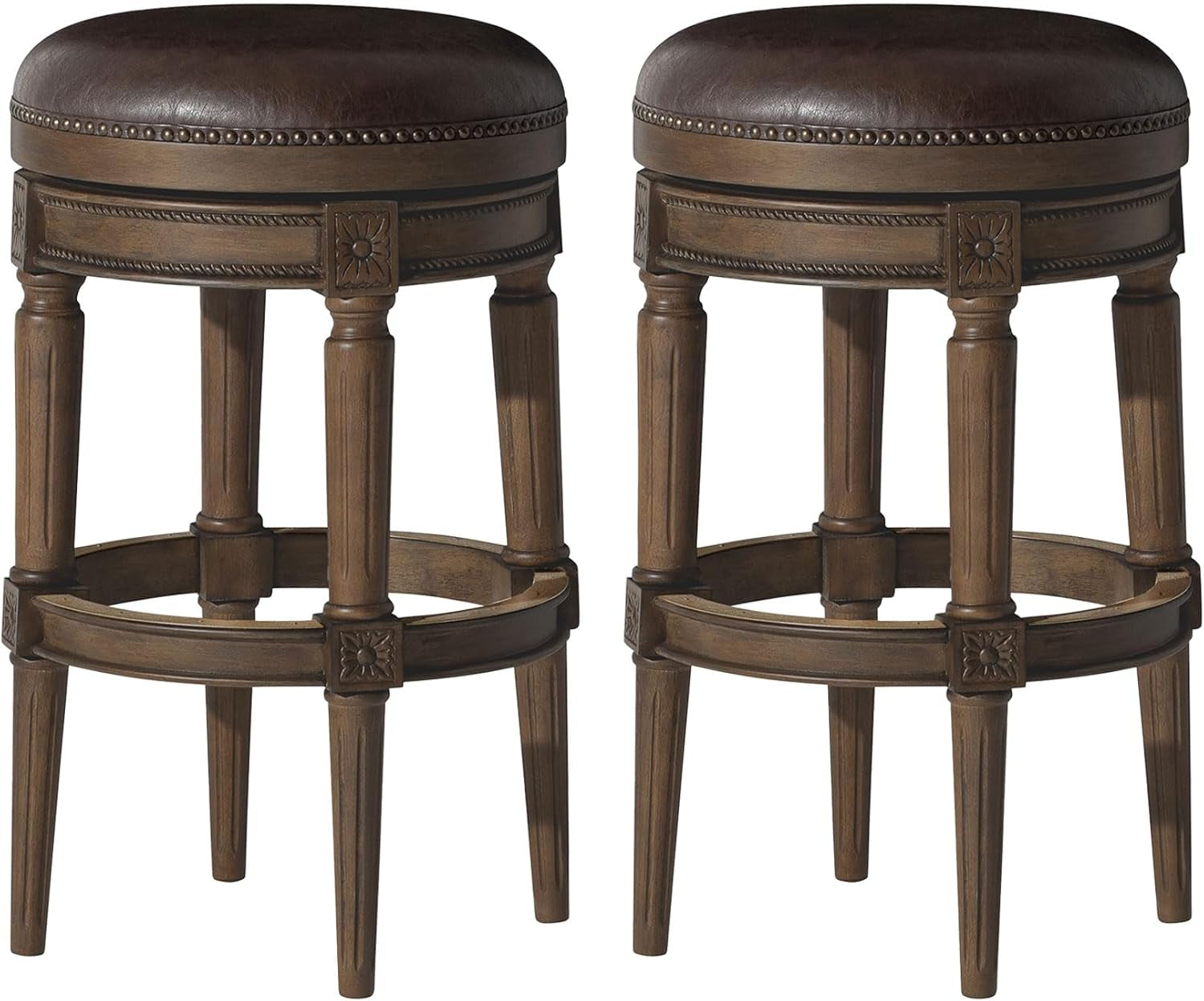 Pullman 31 Inch Tall Bar Height Upholstered Backless Barstool in Walnut Finish with Marksman Saddle Vegan Leather Cushion Seat, Set of 2-0
