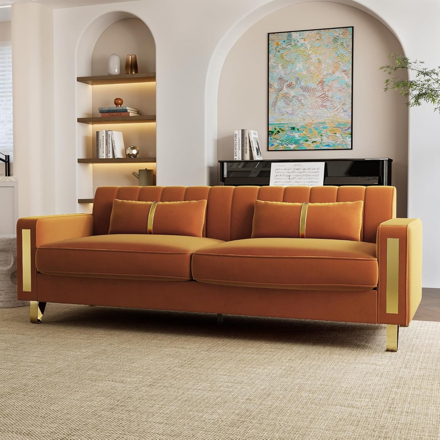 2-Piece Loveseat Couch Set for Living Room, 86" Orange Velvet Sofa Couch with 4 Pillows & Gold Metal Legs, Modern Upholstered Sofa Set Love Seat Sectional Couches for Apartment Home Office-4