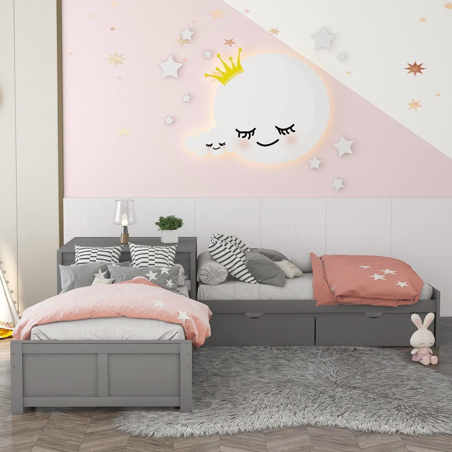 L-Shaped Twin Platform Bed with Trundle, Gray-0