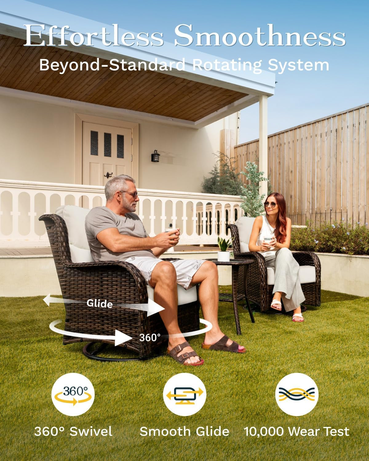 High Back Outdoor Furniture with Extra Thick Cushion Patio Swivel Rocking Chairs, 3PCS Oversized Comfort Wicker Conversation Set for Porch, Deck, Yard in Cream White-3