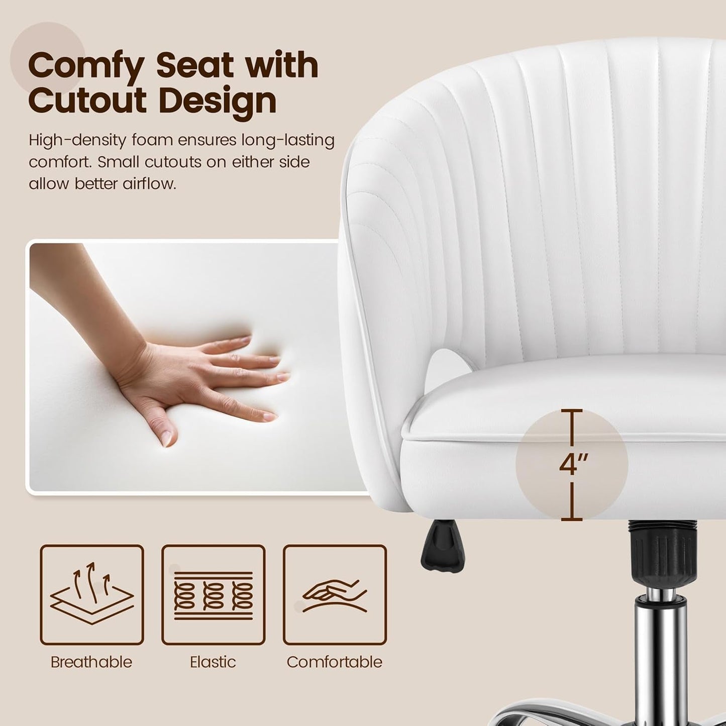 Home Office Chair, Faux Leather Desk Chair, Modern Swivel Chair with Tufted Barrel Back, Rolling Wheels for Office,Study, Vanity, Bedroom White-3