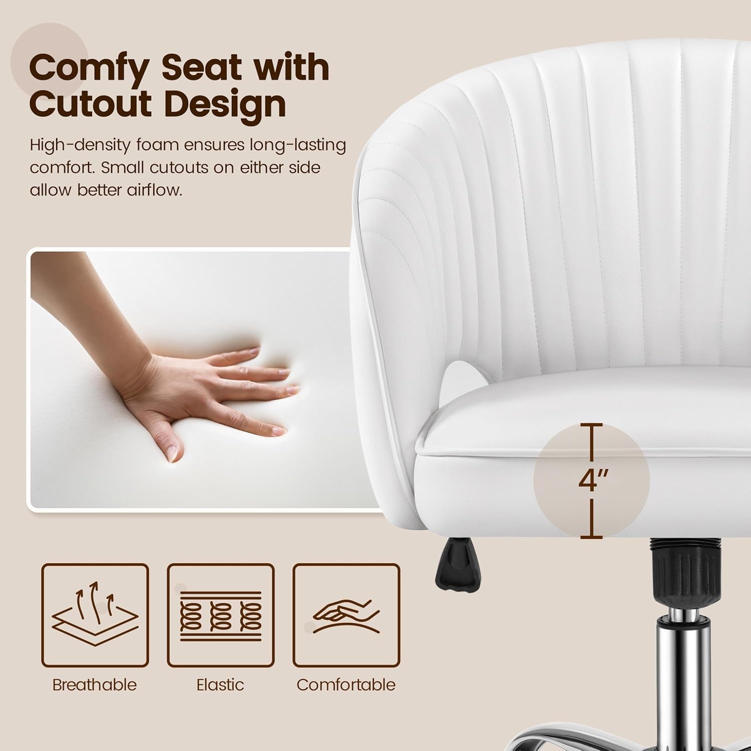 Home Office Chair, Faux Leather Desk Chair, Modern Swivel Chair with Tufted Barrel Back, Rolling Wheels for Office,Study, Vanity, Bedroom White-3