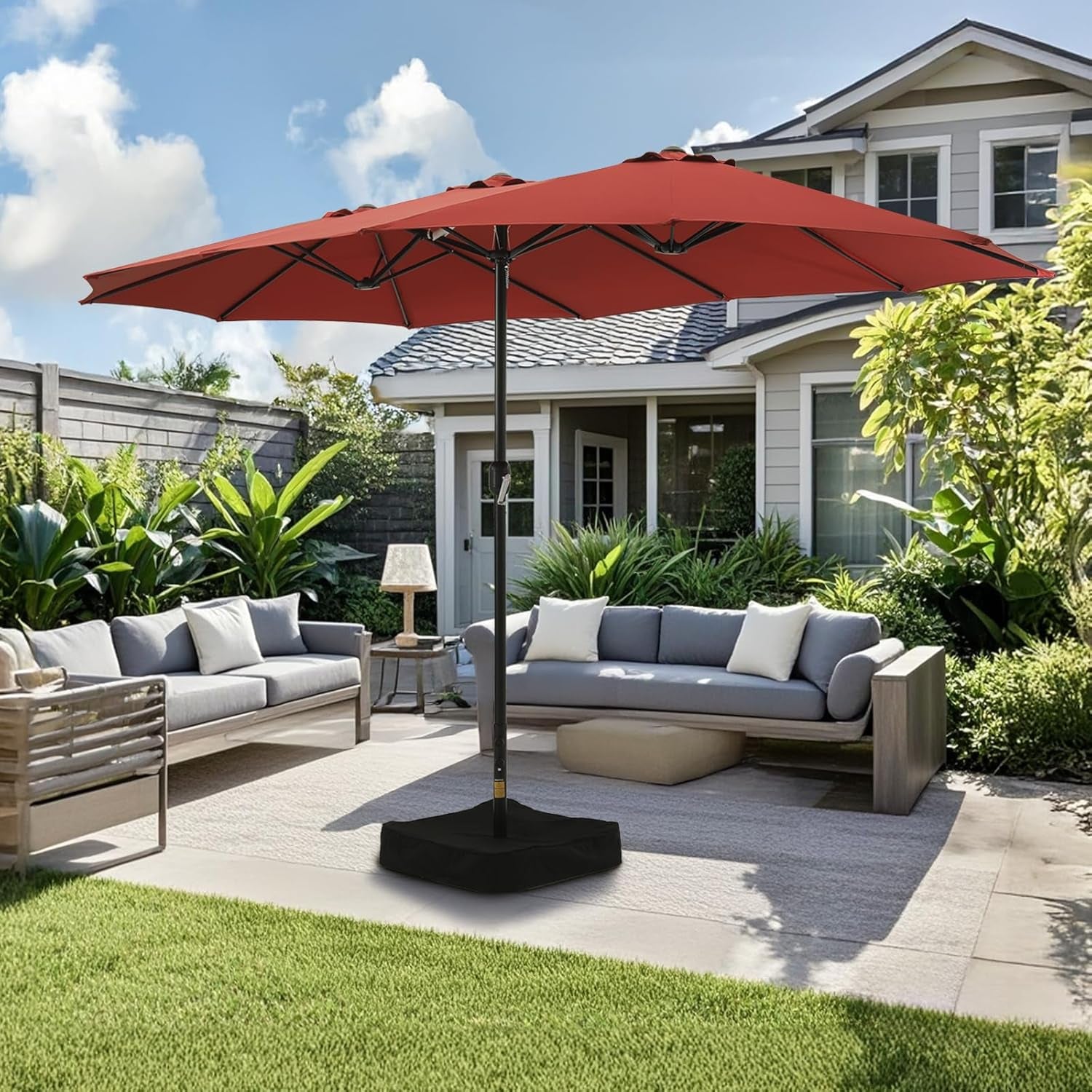 15ft Double Sided Patio Umbrella with Base Red-0