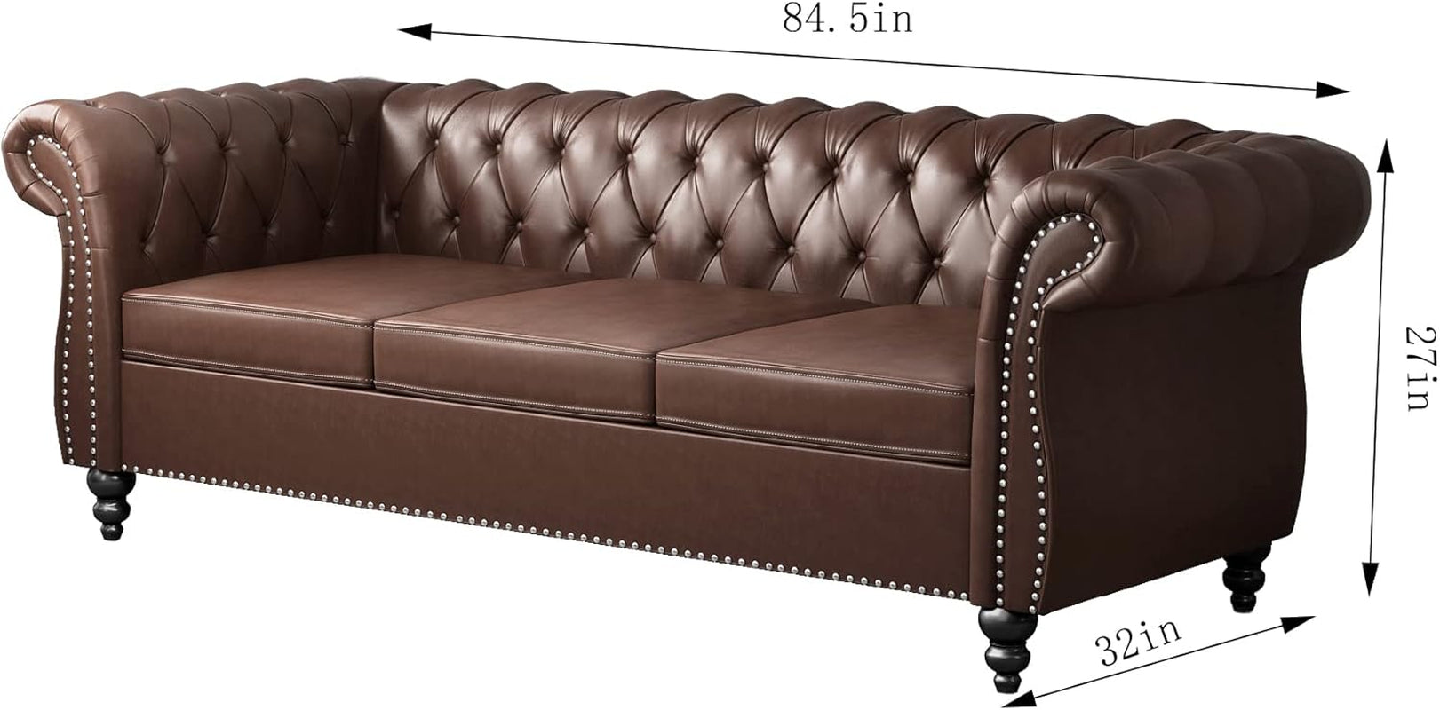 3 Piece Living Room Set, Chesterfield Leather Sofa Loveseat Couch Chair with Scroll Arms and Nailhead for Living Room, Office (Dark Brown)-1