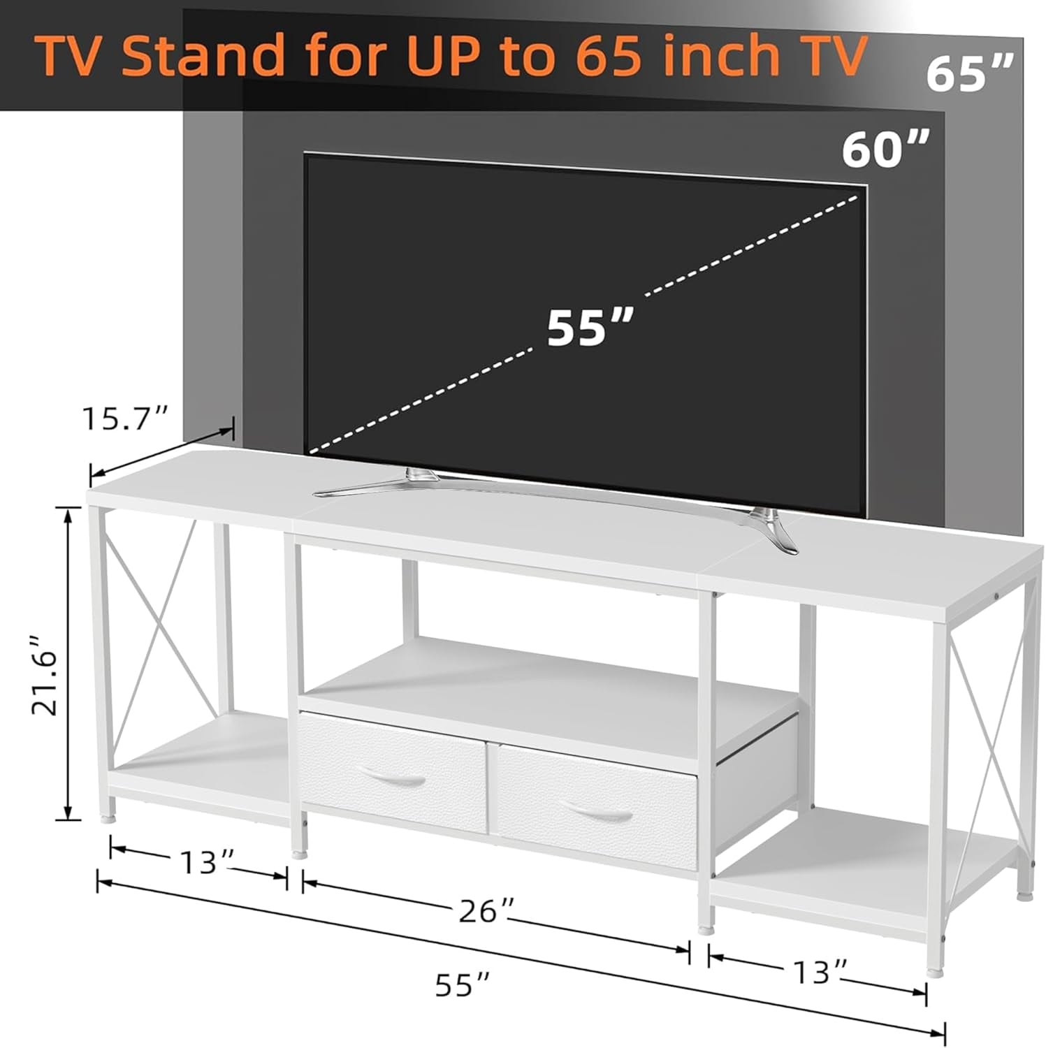 TV Stand with Fabric Drawers for 55 60 65 Inches TV - Entertainment Center and Industrial TV Console Table with Open Storage Shelves for Living Room, Bedroom - 55.1" White-4