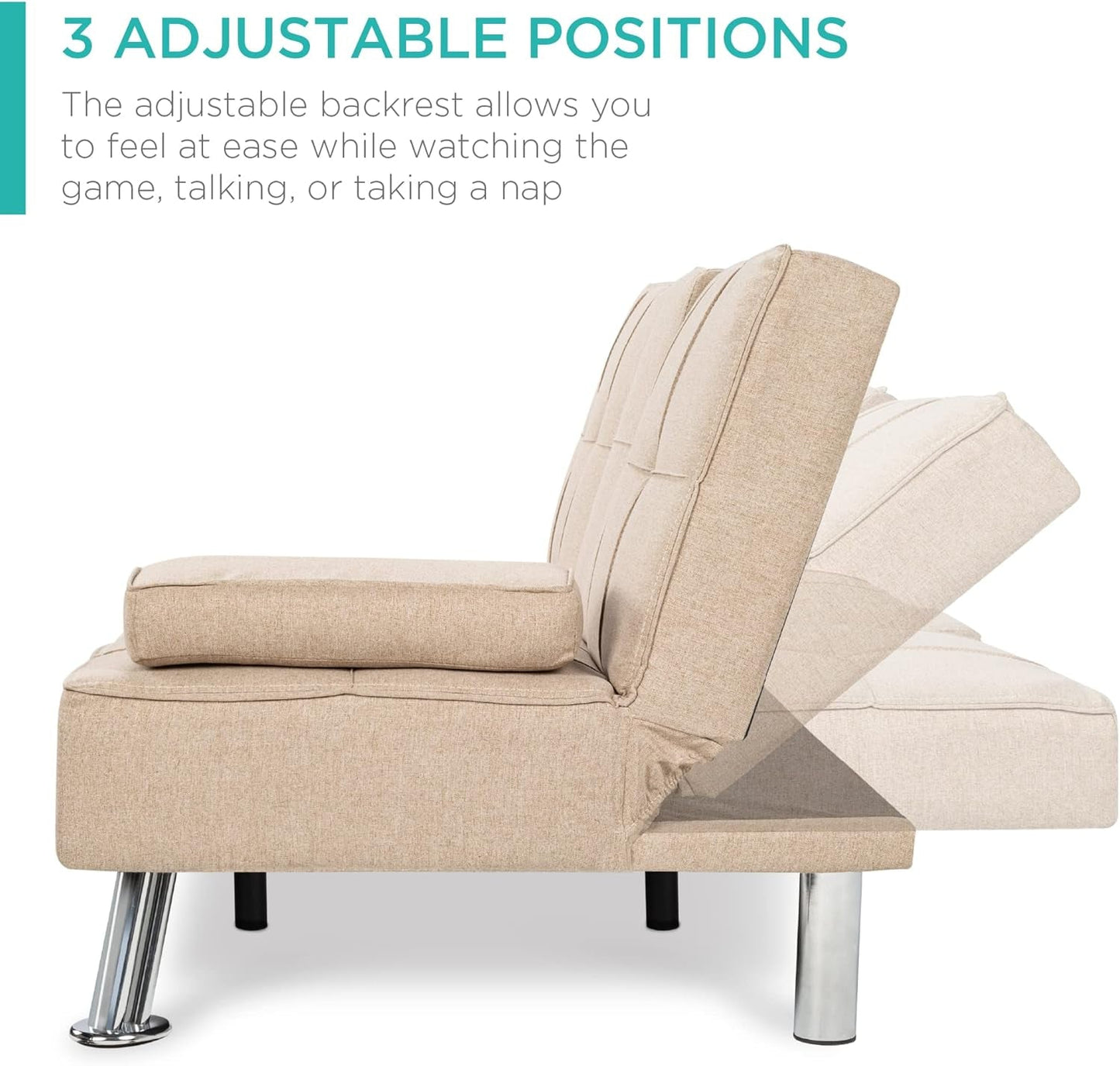 Linen Modern Folding Futon, Reclining Sofa Bed for Apartment, Dorm W/Removable Armrests, 2 Cupholders - Beige-2