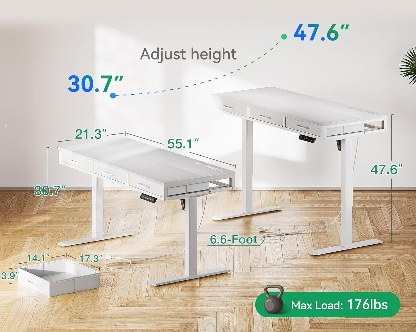 Electric Standing Desk with Drawers, 55 Inch Height Adjustable Desk with Power Outlets, Sit Stand Table, Writing Computer Desk for Home, Office, Workstation, White-2