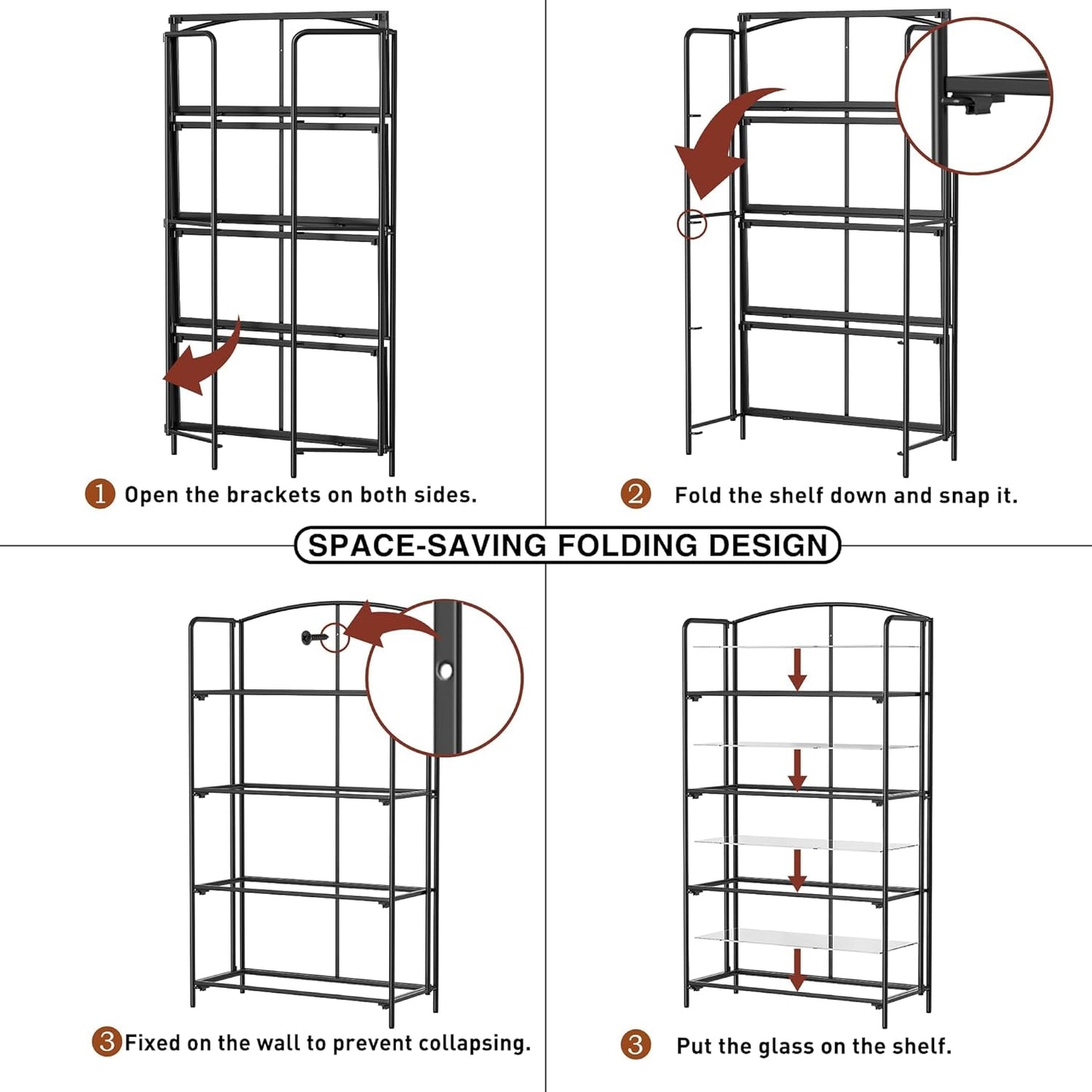 No Assembly Folding Bookshelf for Living Room, 4 Tier Black Collapsible Book Shelf for Home Office, Portable Bookcase Storage Organizer-3