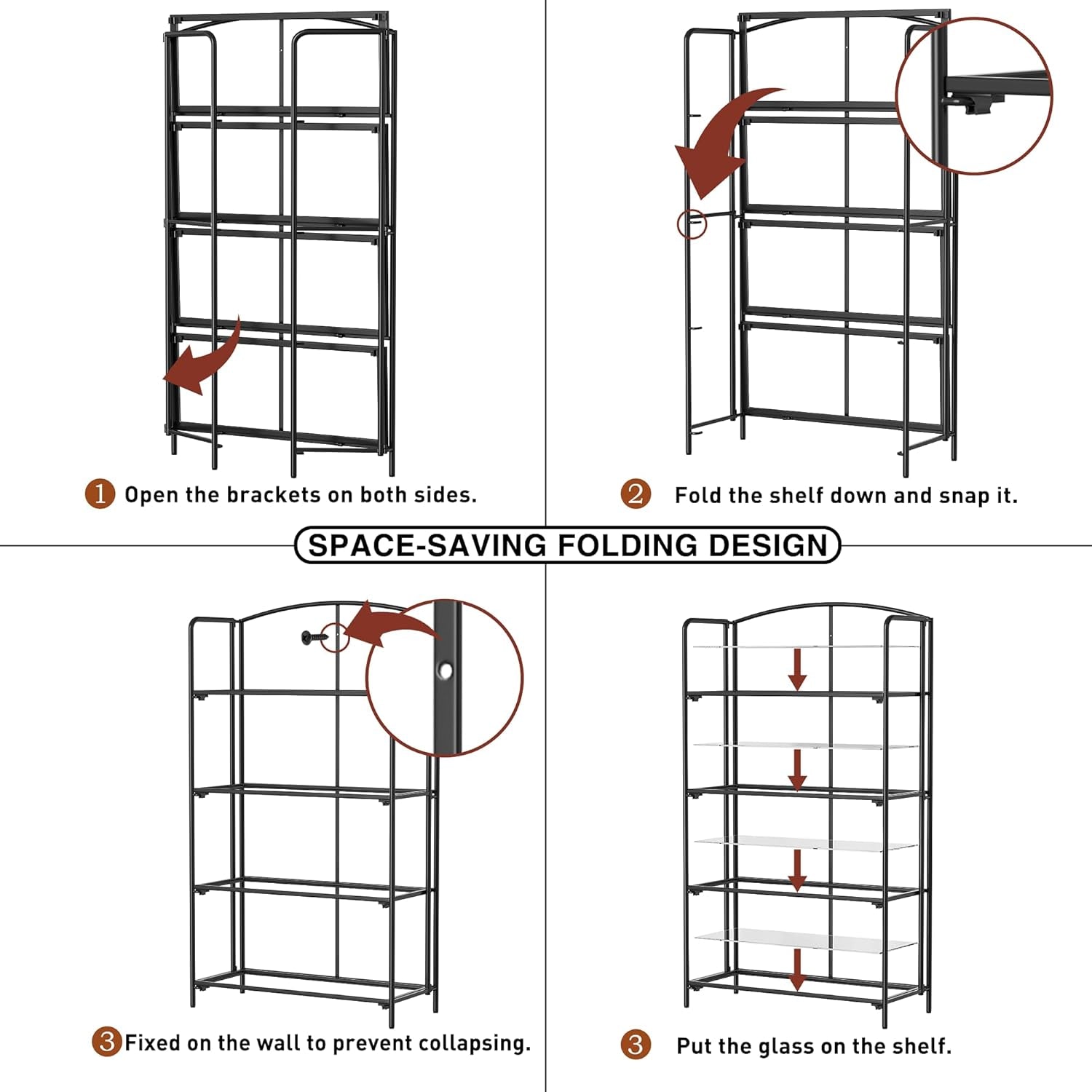 No Assembly Folding Bookshelf for Living Room, 4 Tier Black Collapsible Book Shelf for Home Office, Portable Bookcase Storage Organizer-3