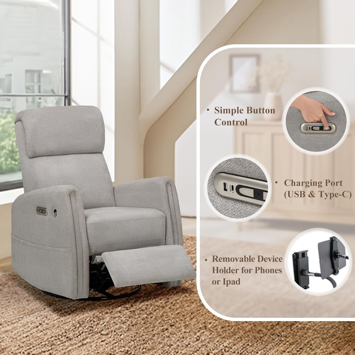 Power Recliner Chairs Swivel Glider Rocker for Nursery, Upholstered Fabric Living Room Rocking Reclining Single Sofa Chair with 2 Device Holders, Dove Grey, Set of 2-4