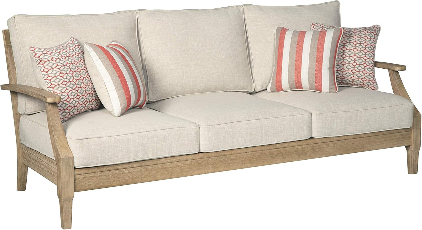 Clare View Coastal Outdoor Patio Eucalyptus Sofa with Cushions, Beige-0