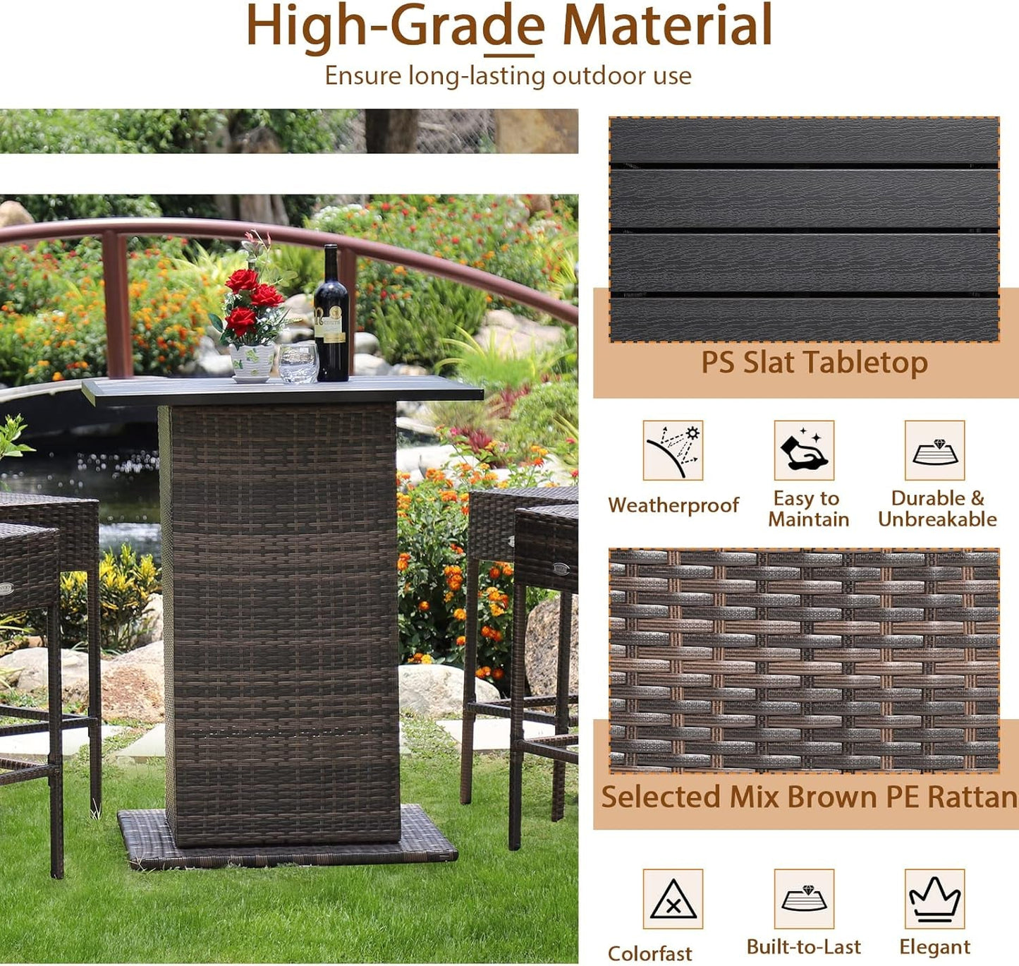 5-Piece Outdoor Bar Set, Wicker Rattan Bar Height Patio Set W/4 Cushion Bar Stools & Table with Hidden Storage, 5PCS Outdoor High Top Table and Chairs Set for Backyard Poolside (Navy Blue)-4