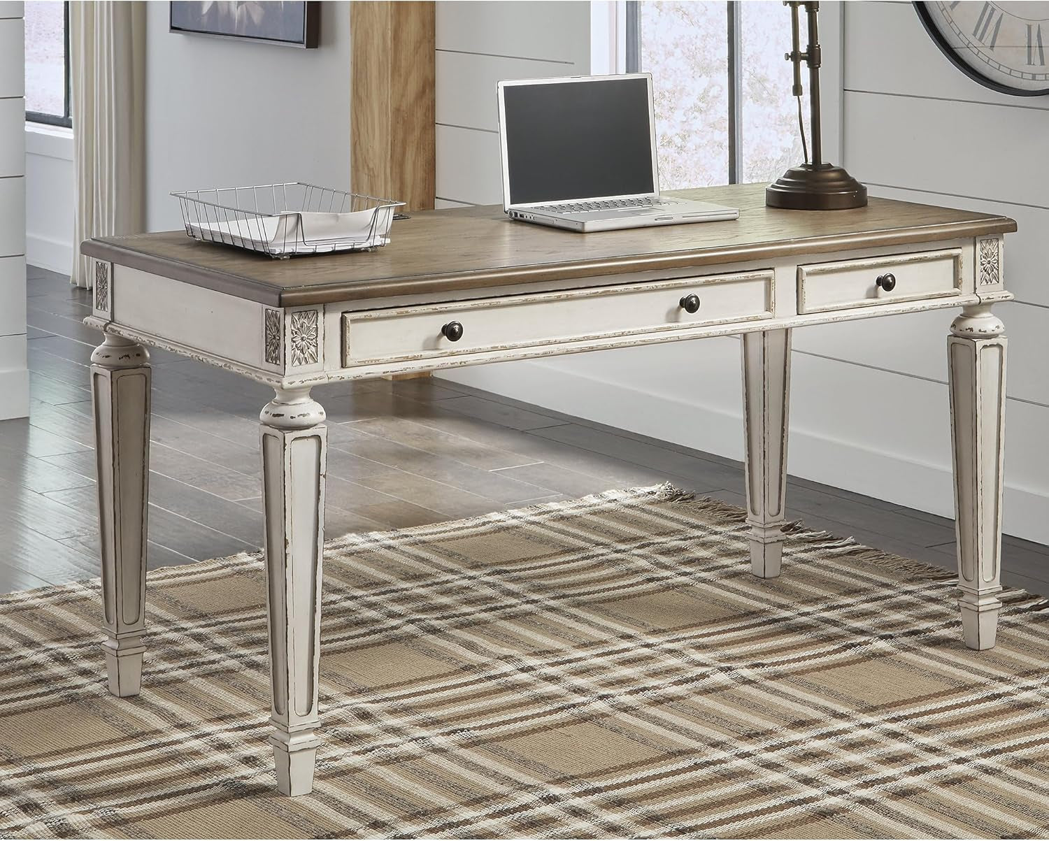 Realyn Farmhouse 60" Home Office Desk with USB Charging, Chipped White-0