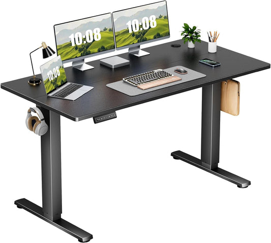 Electric Adjustable Height Standing Desk - 55 X 24 Inch Sit to Stand up Desk with Splice Board, Rising Home Office Computer Table with 2 Hook and Wire Hole for Work-0