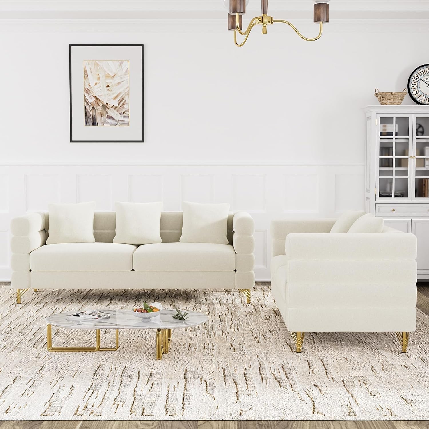 Living Room Sofa Couch and Loveseat Set, Modern Comfy Velvet Deep Seat Cloud Couch with 5 Pillows, Oversized Sofa Furniture Sets for Living Room Bedroom, Ivory White Velvet-2