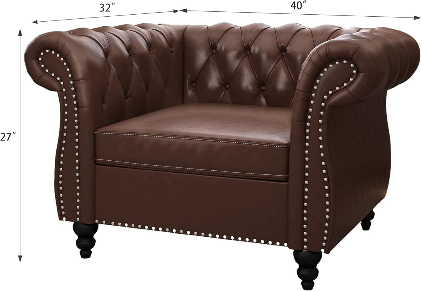 2 Piece Living Room Set, Chesterfield Leather Sofa Couch Chair with Scroll Arms and Nailhead for Living Room, Office (Dark Brown)-2