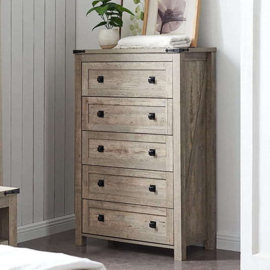 Rustic Oak Tall Dresser with 5 Drawers-0